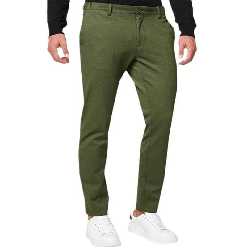 Men's slim-fit tapered chino trousers in solid colours with mid-waist and zipper fly