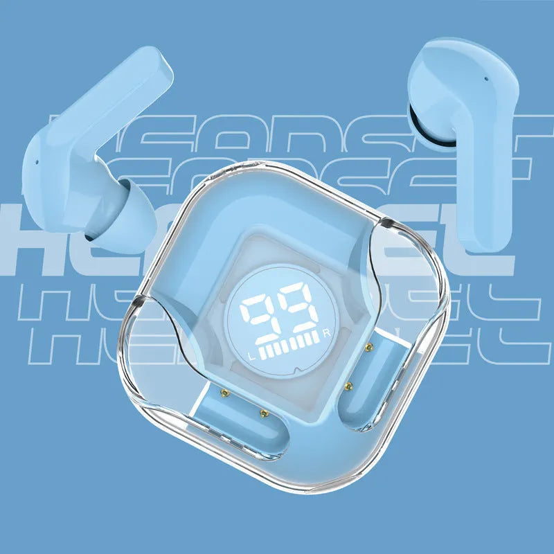 White wireless Bluetooth TWS in-ear headphones with a plastic case on a neutral background.