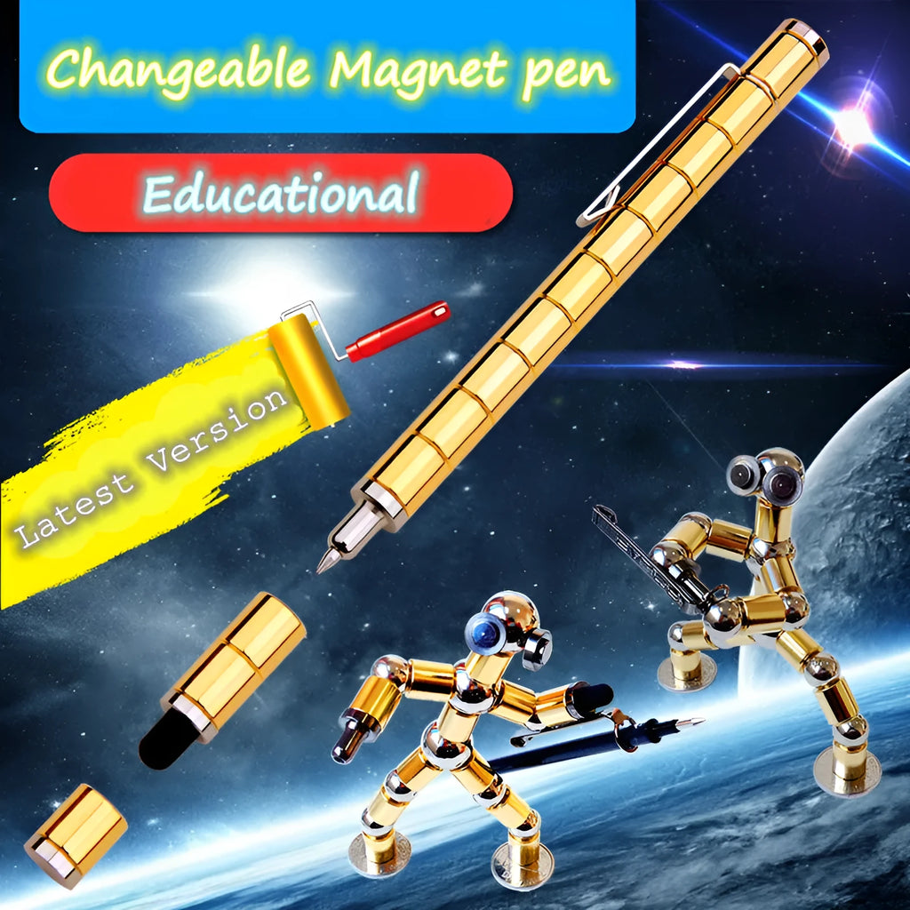 Magnetic polar pen with modular rings, steel balls, and capacitive tip in silver iron box packaging
