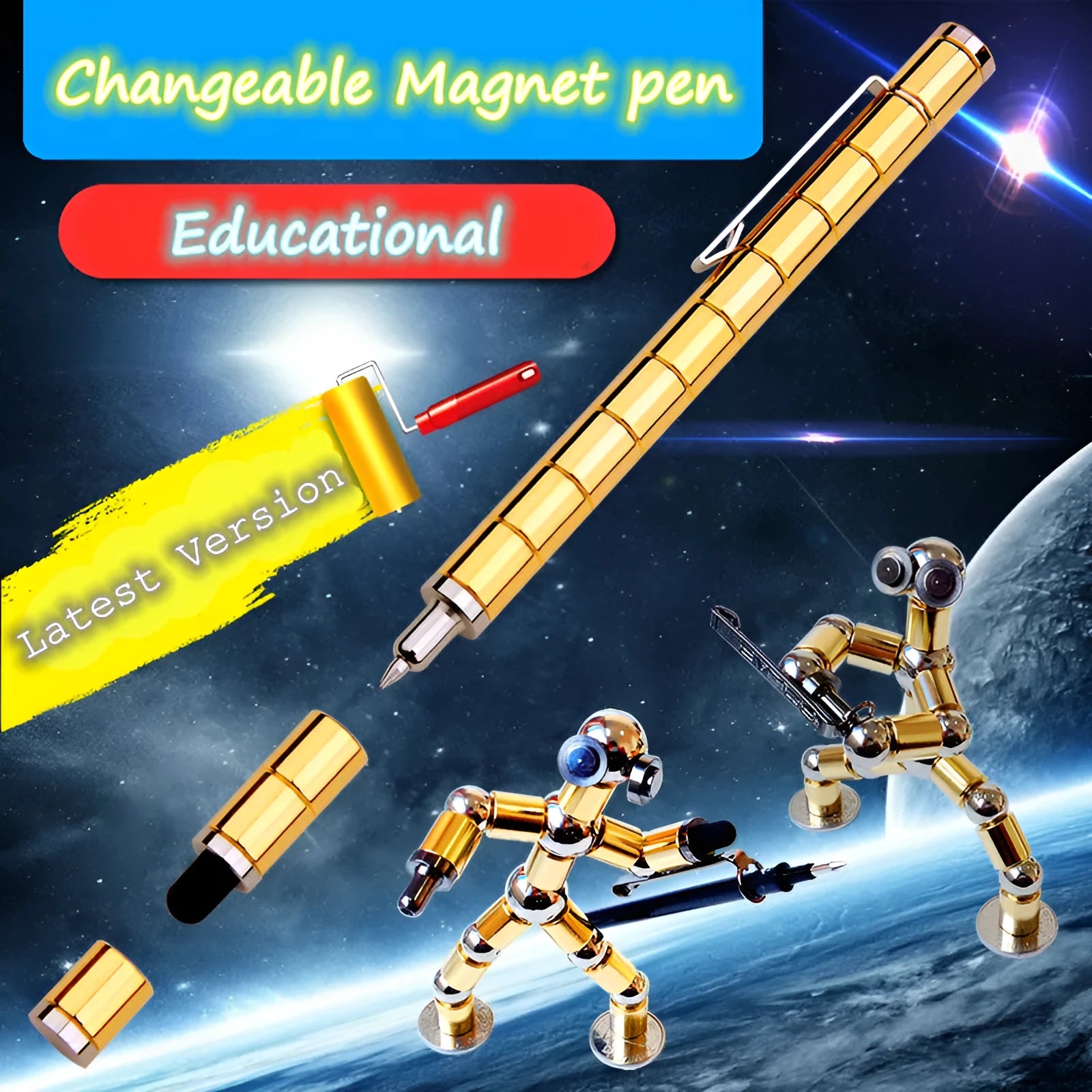 Magnetic polar pen with modular rings, steel balls, and capacitive tip in silver iron box packaging