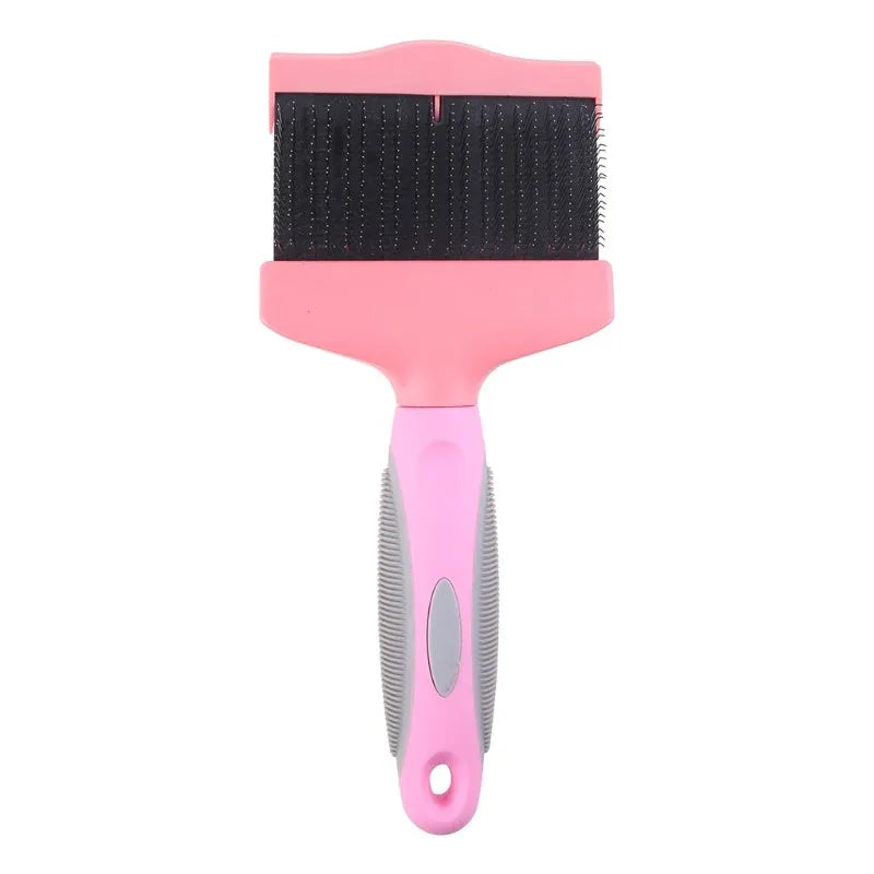 Double-sided pet brush with stainless steel pins and blue ergonomic handle for dog and cat grooming