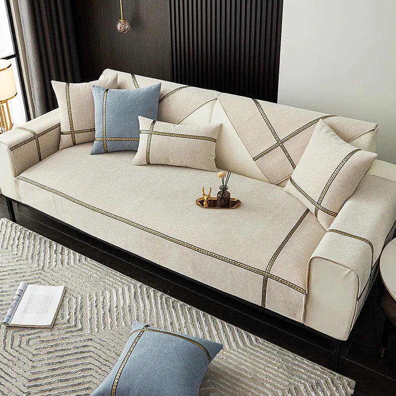 Chenille non-slip sofa cushion cover in solid colour cross wheat-beige on a modern sofa