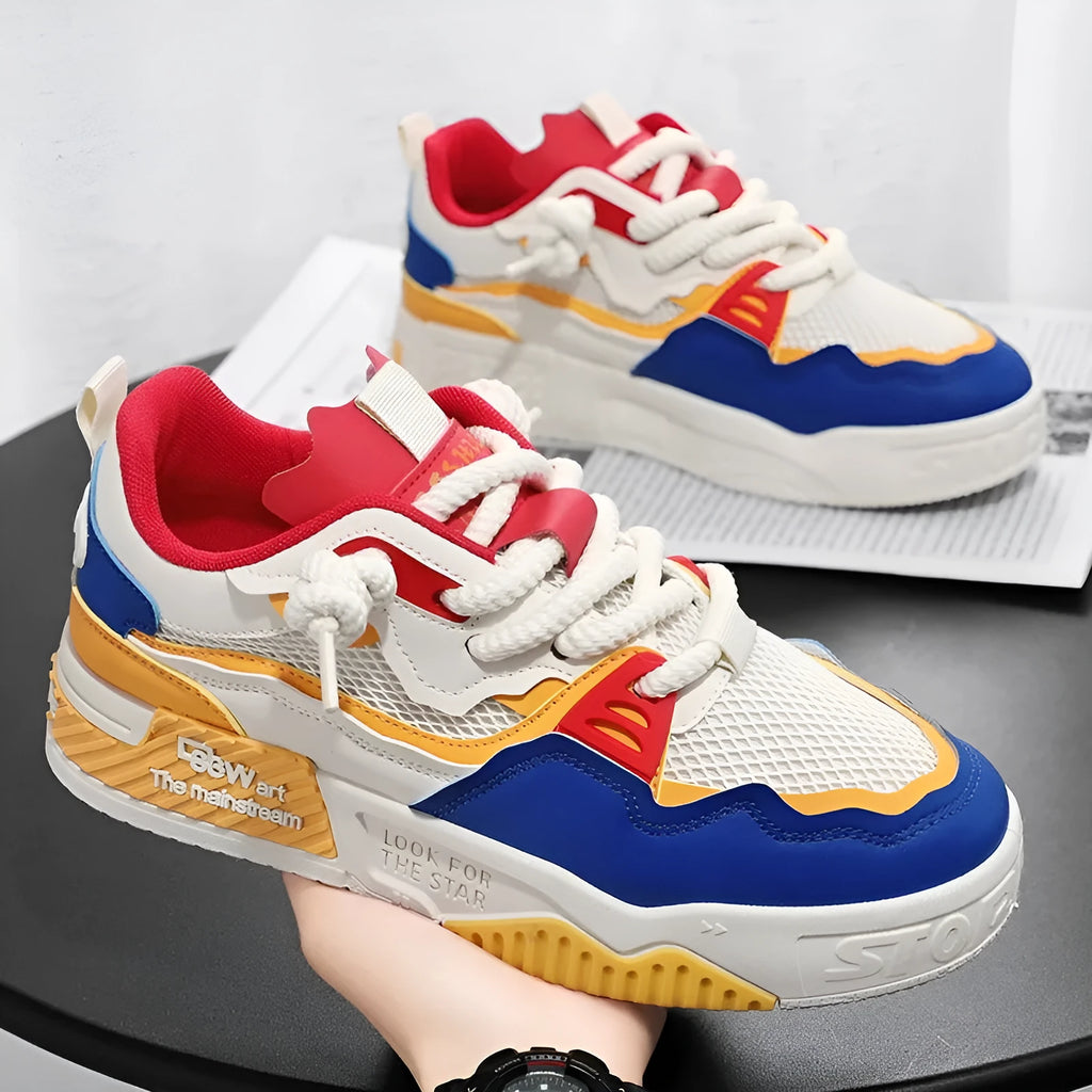 Men's white casual board shoes with rubber soles and mesh lining in three colour variations