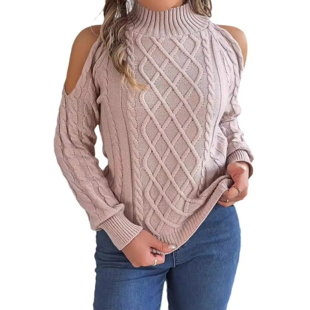 Gray women's acrylic sweater with a twist detail, strapless half-high collar, and long lantern sleeves.