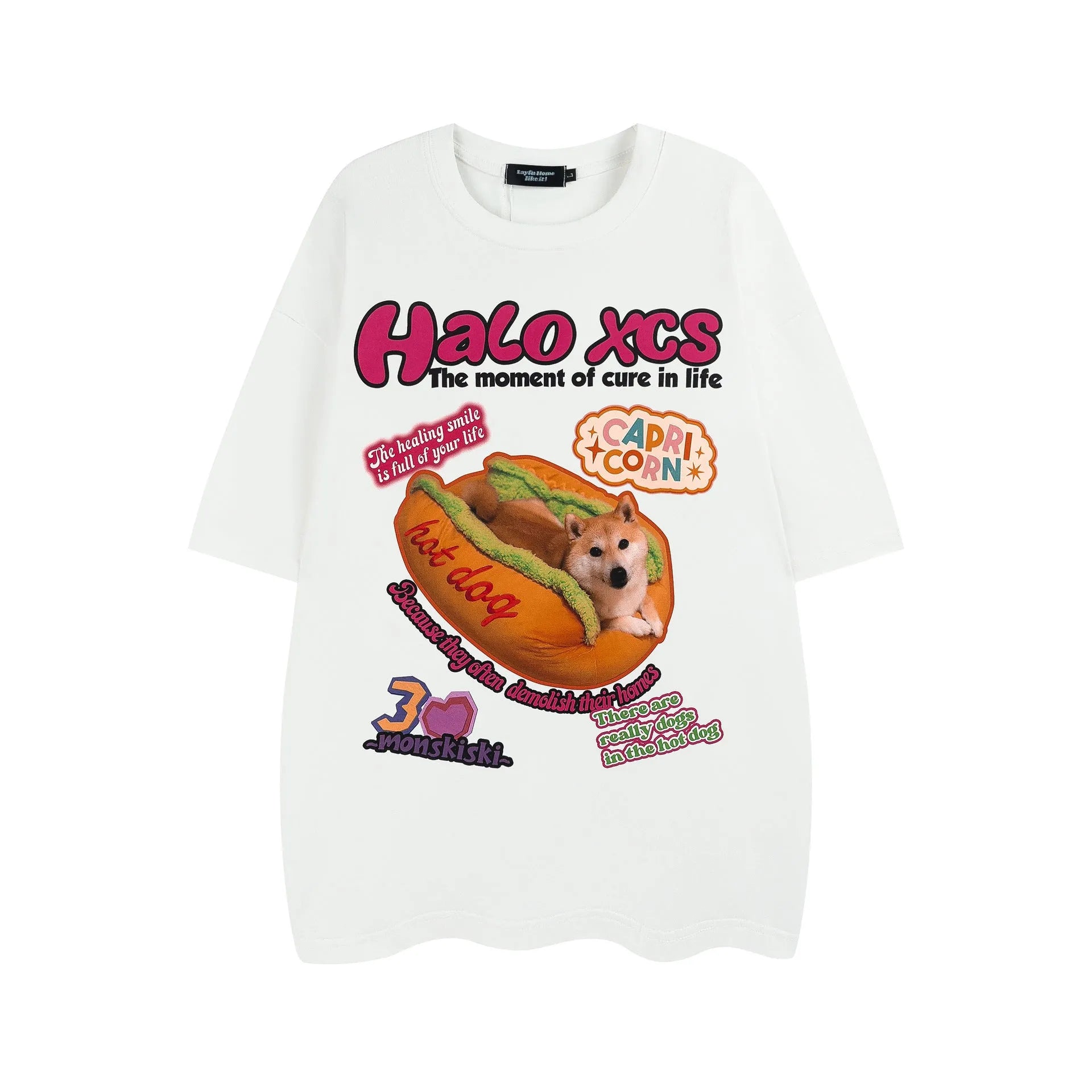 Cartoon hamburger dog printed cotton t-shirt in loose style with short sleeves