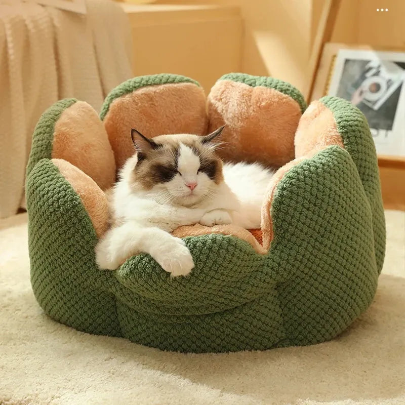 Green cactus petal shaped plush dog bed with a non-slip bottom on a wooden floor.