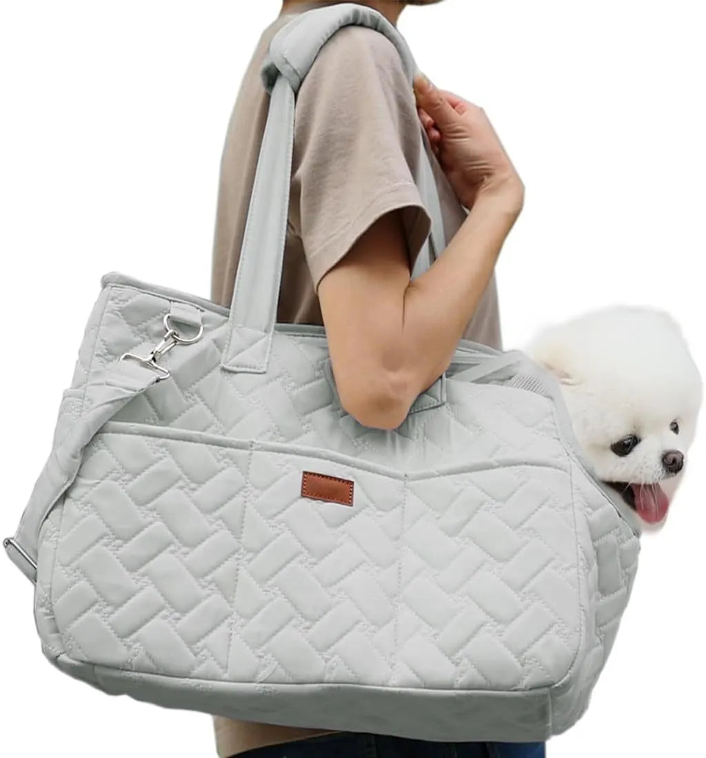 Grey pet carrier handbag with mesh panels and multiple pockets for small dog or cat transport