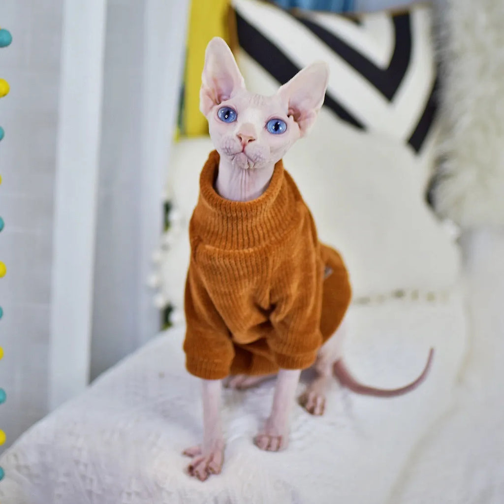 Caramel brown thickened chenille cat coat for hairless cats with fleece lining on white background