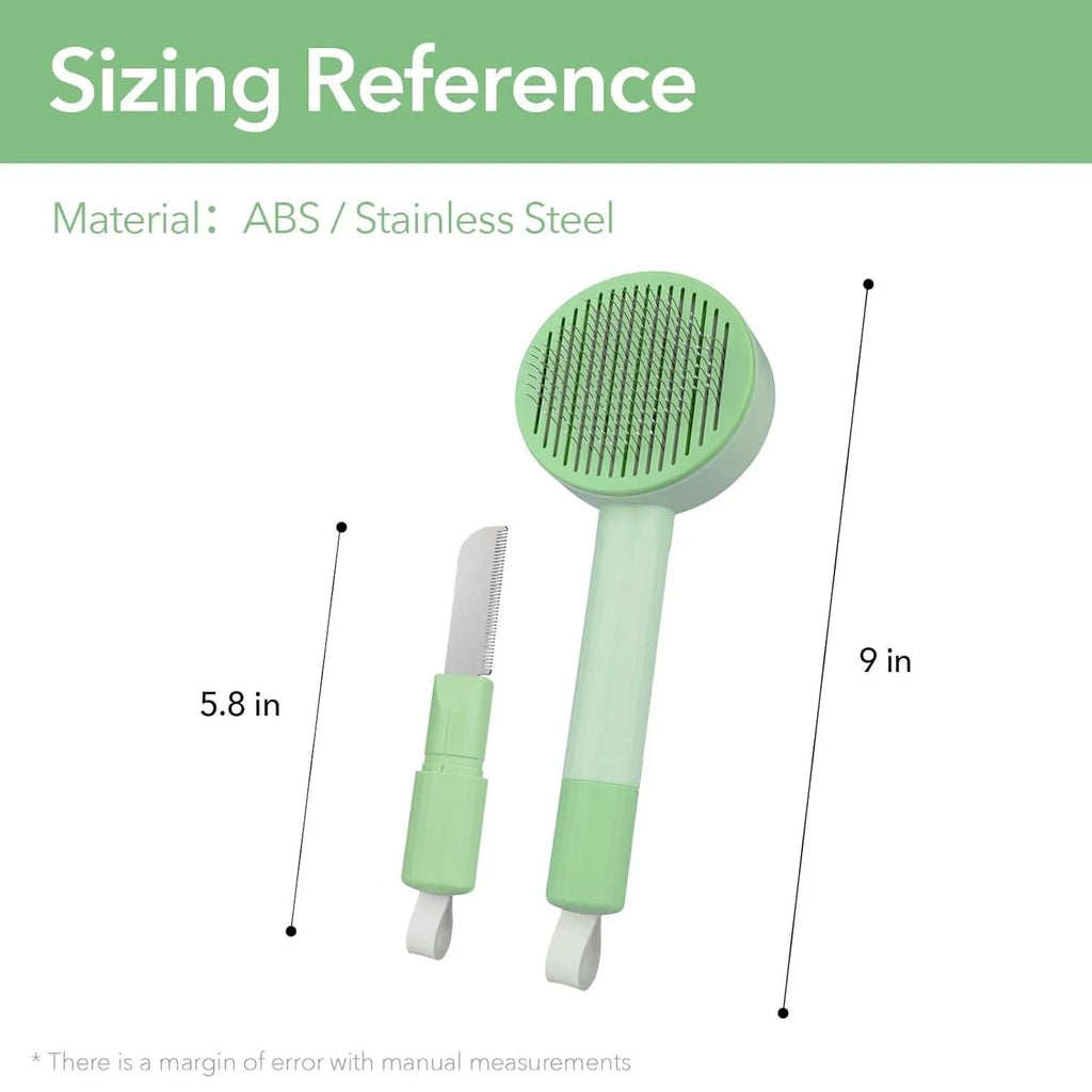 Green and yellow pet grooming brush with stainless steel teeth and hanging loop