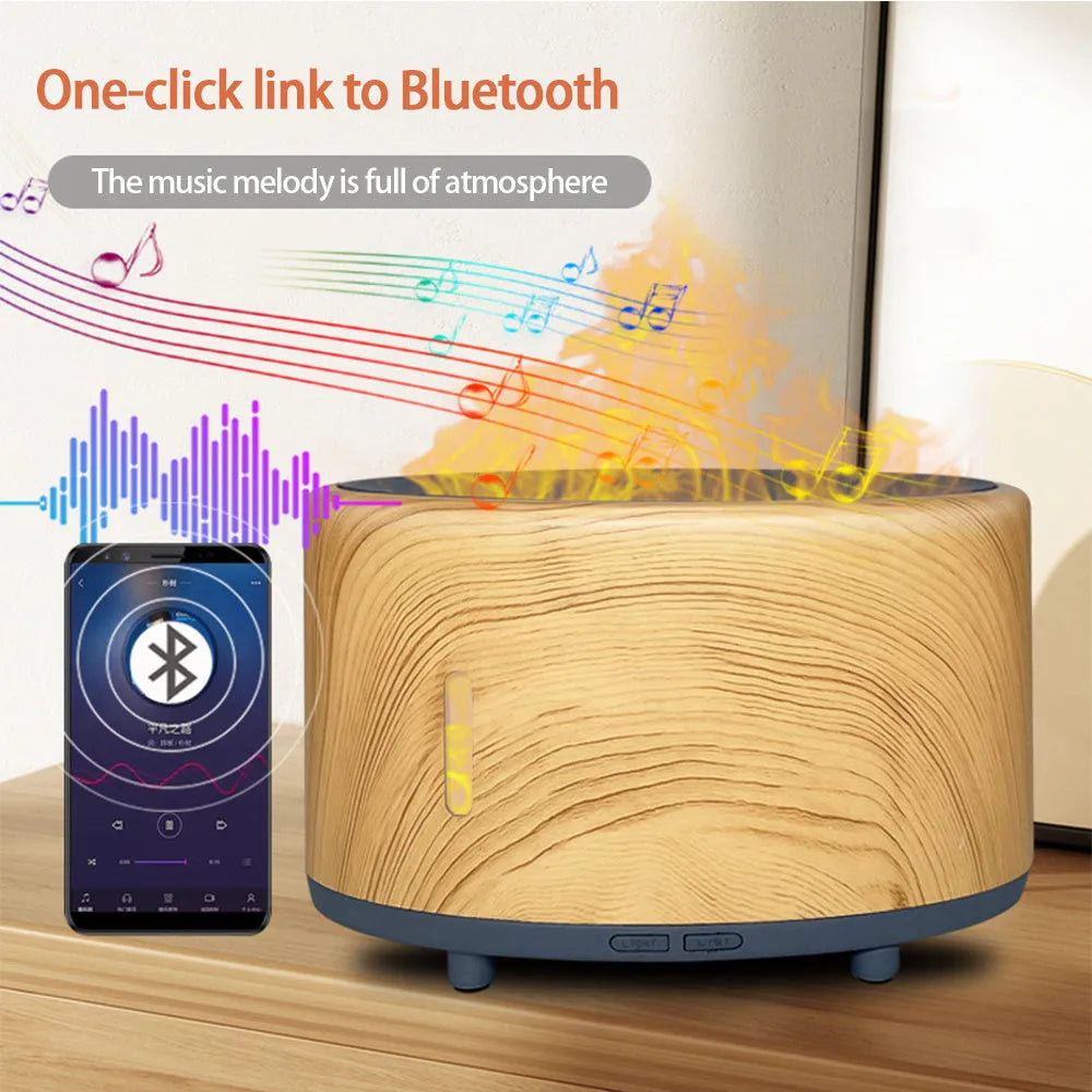Flame humidifier with Bluetooth remote control and LED aromatherapy light, 150ml, in dark wood grain finish
