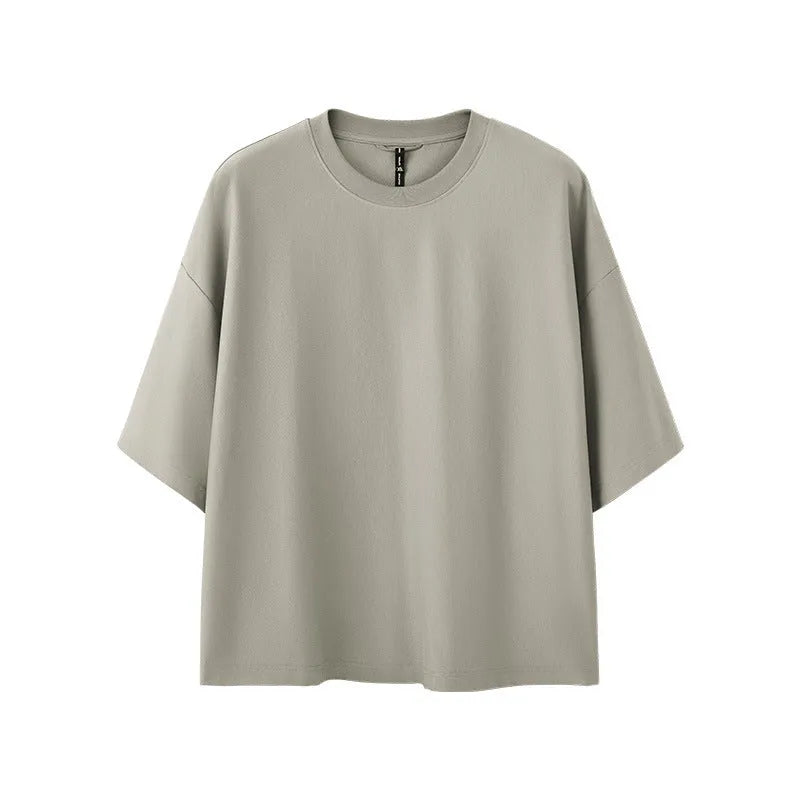 Men's sand grey loose fit short sleeve pullover shirt made from cotton-polyester blend fabric