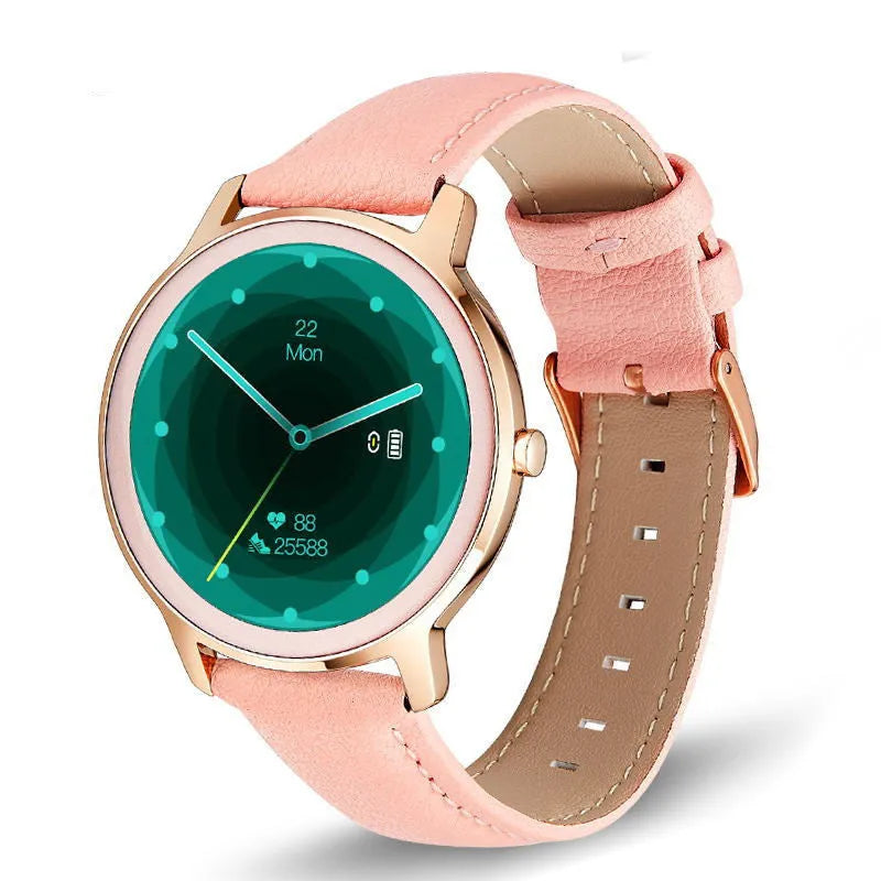 Women's waterproof smart watch with 1.3 inch touchscreen and stainless steel mesh band in rose colour
