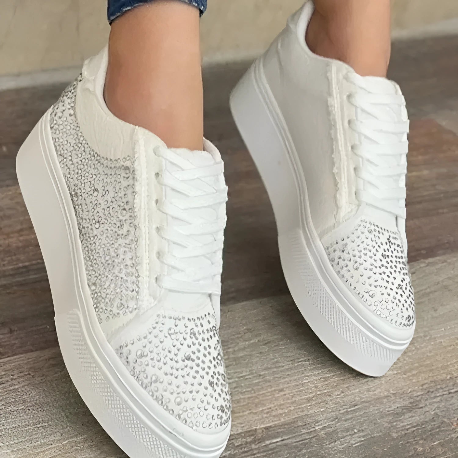 Plus size women's black casual shoes with rhinestone decoration, chunky rubber sole, and front lace-up