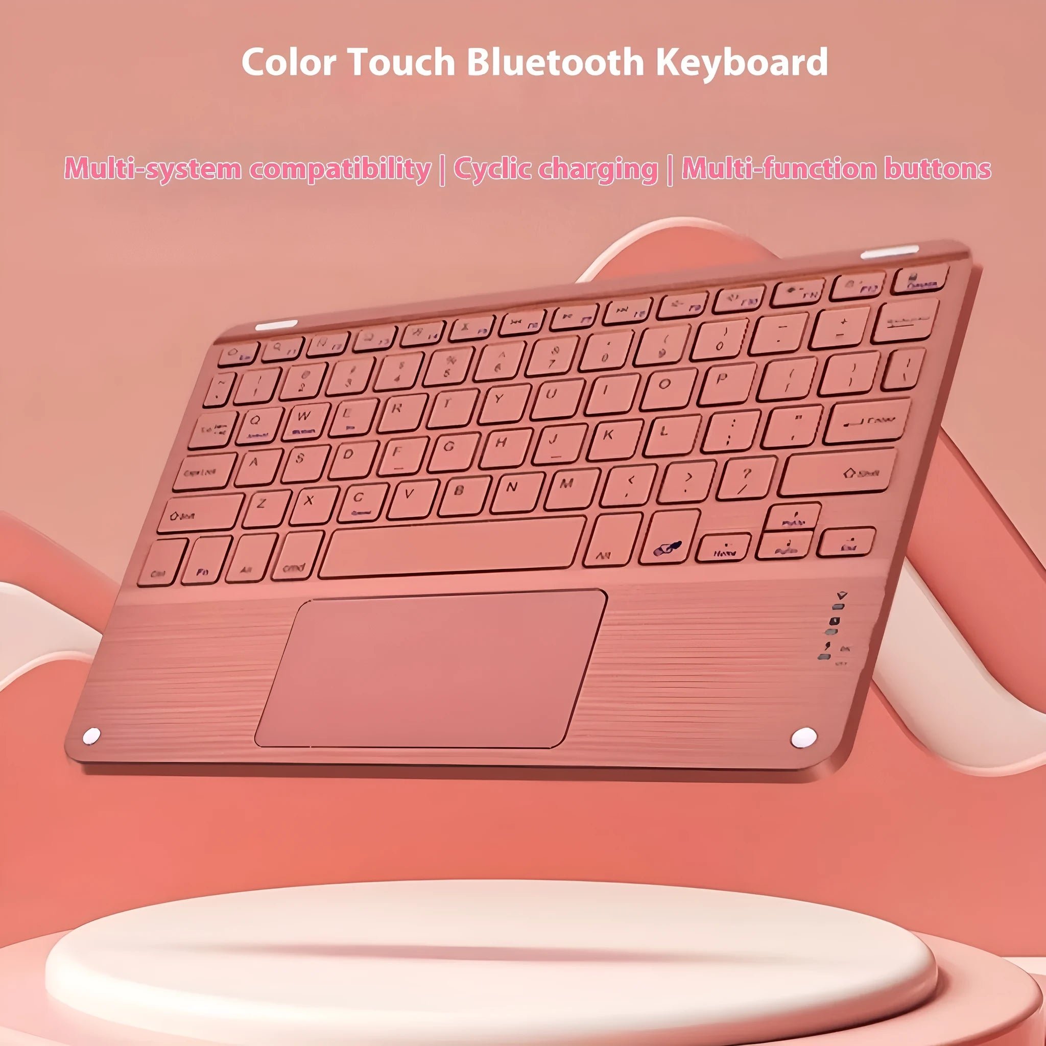 Square Hat Touch Bluetooth wireless keyboard showing multiple colour finish options on a desk