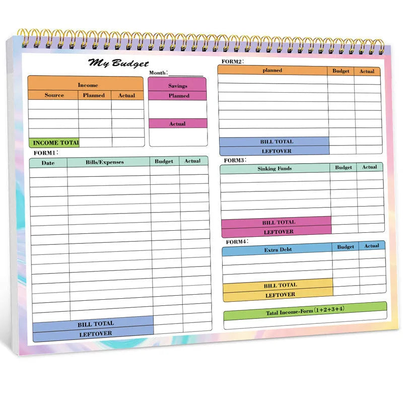 B5 spiral-bound budget tally book with a blue PP cover, open to show lined pages for income and expense tracking.