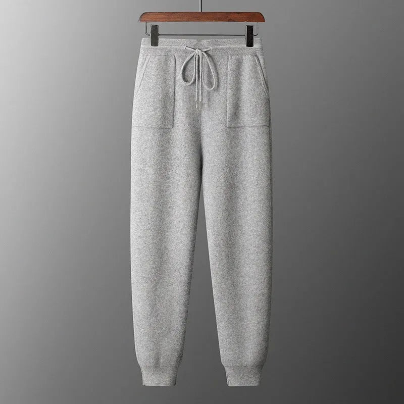 Men's light grey cashmere hooded sweatshirt and matching trousers set for winter leisurewear