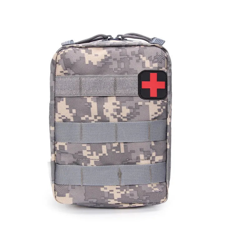 Army green nylon tactical medical pouch with Velcro panel attached to a vest.