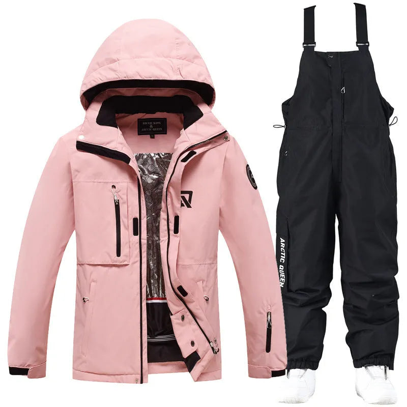 Men's and women's waterproof winter ski suit in blue top with grey blue trousers.
