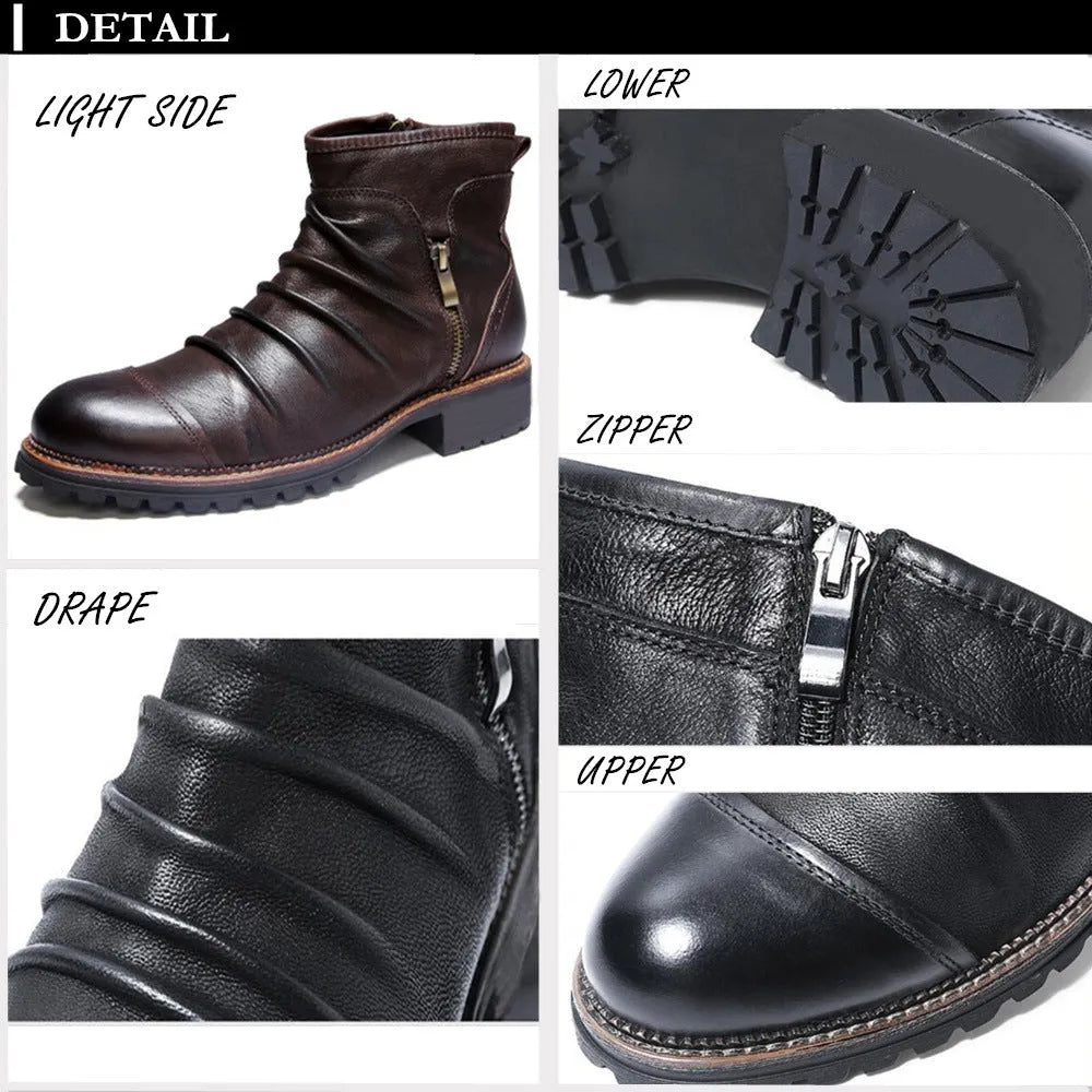Black high-top cowboy-style Martin boots with a side zipper and a distinctive horseshoe-shaped heel