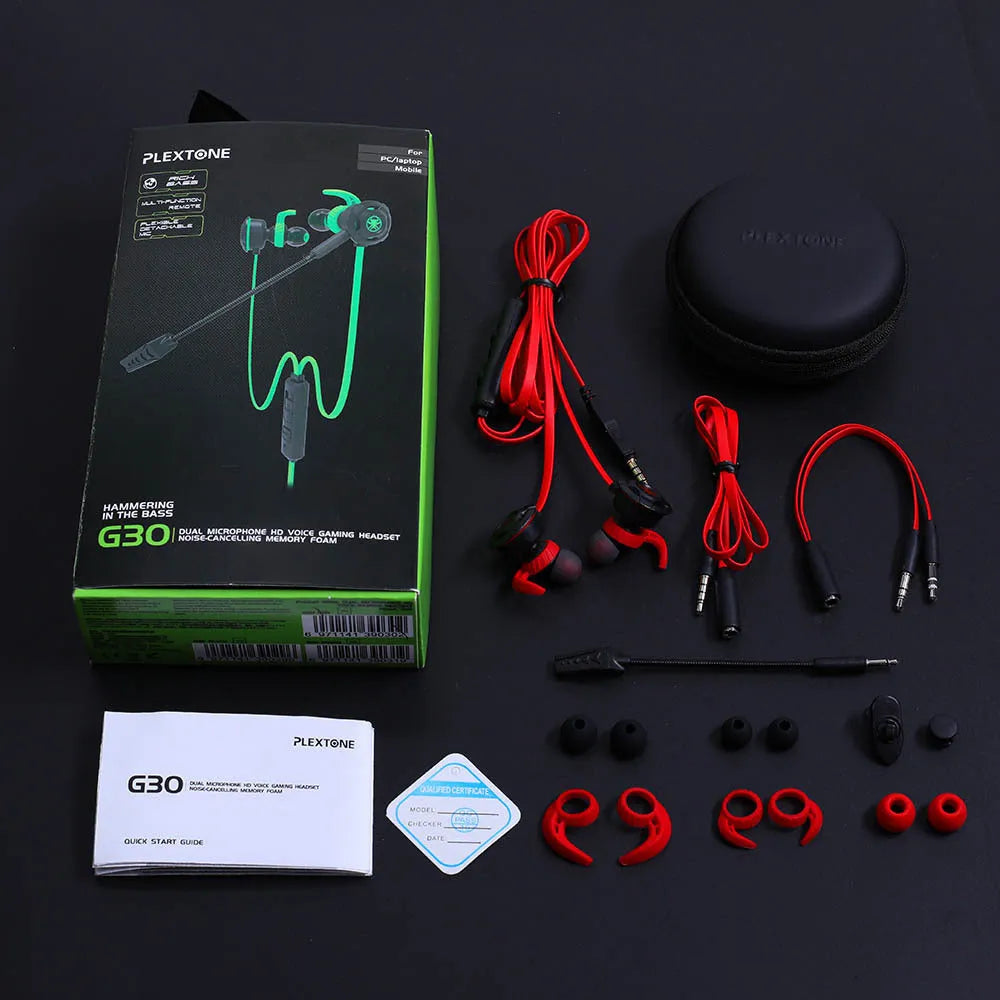 Shuangmai wired in-ear computer gaming headset in black, green, and red colours with 1.5 cm cable