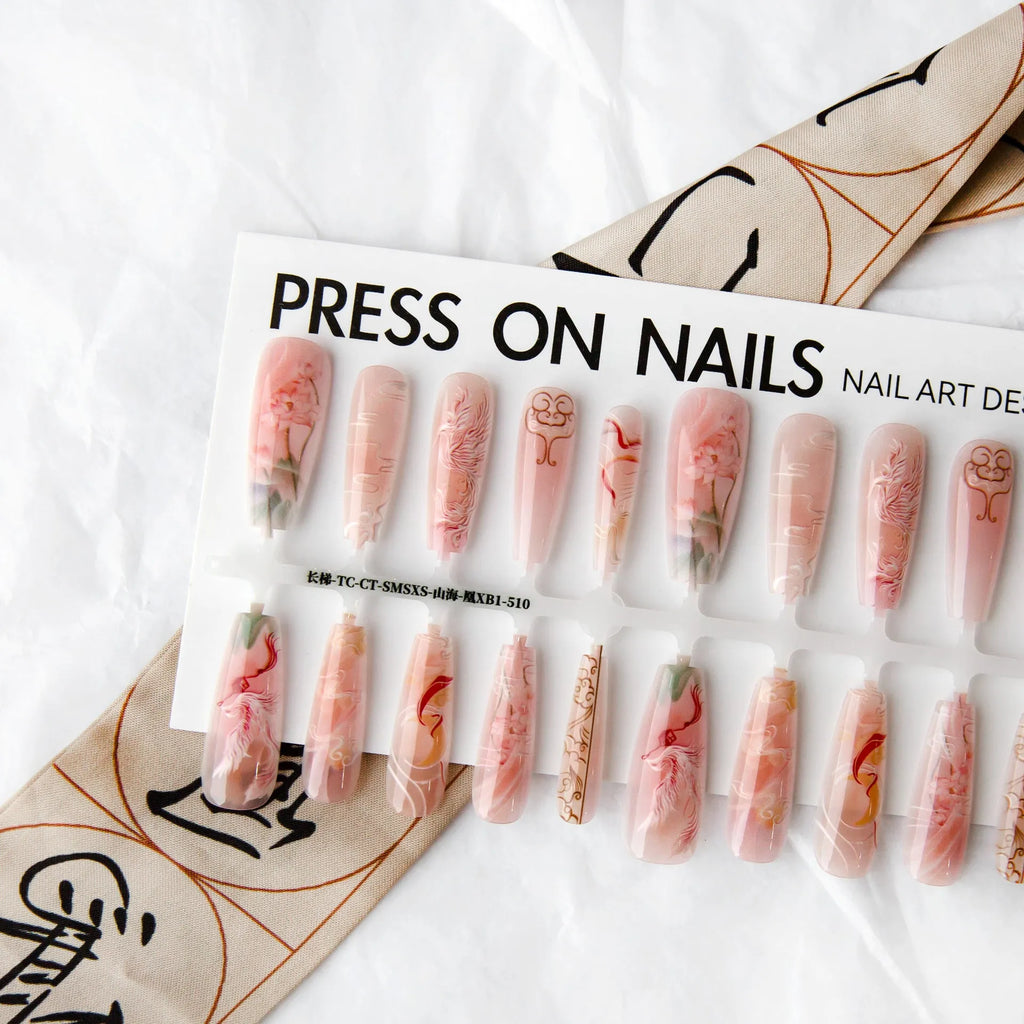 Nine tail fox ink painting long ladder glossy nail sticker set on hand showing retro affordable luxury style