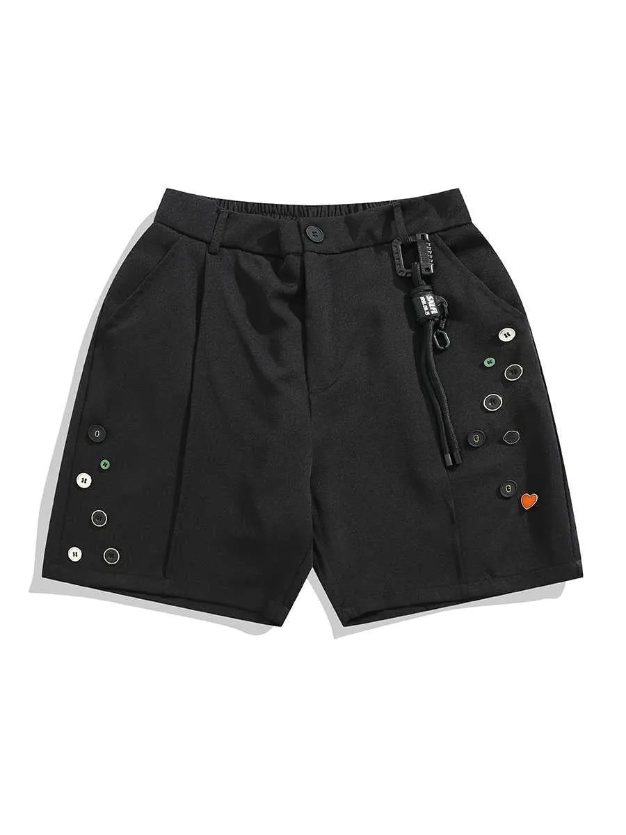 Men's black semi-elastic shorts with button fly and straight-leg cut above knee length