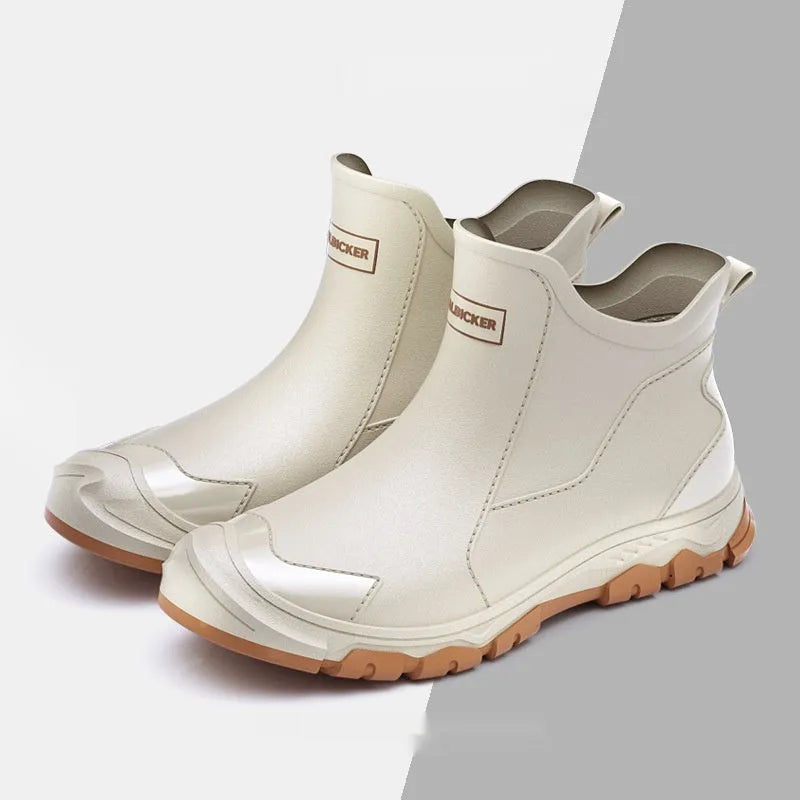 Men's short tube PVC rubber boots in beige, black, and black-red colours with non-slip sole