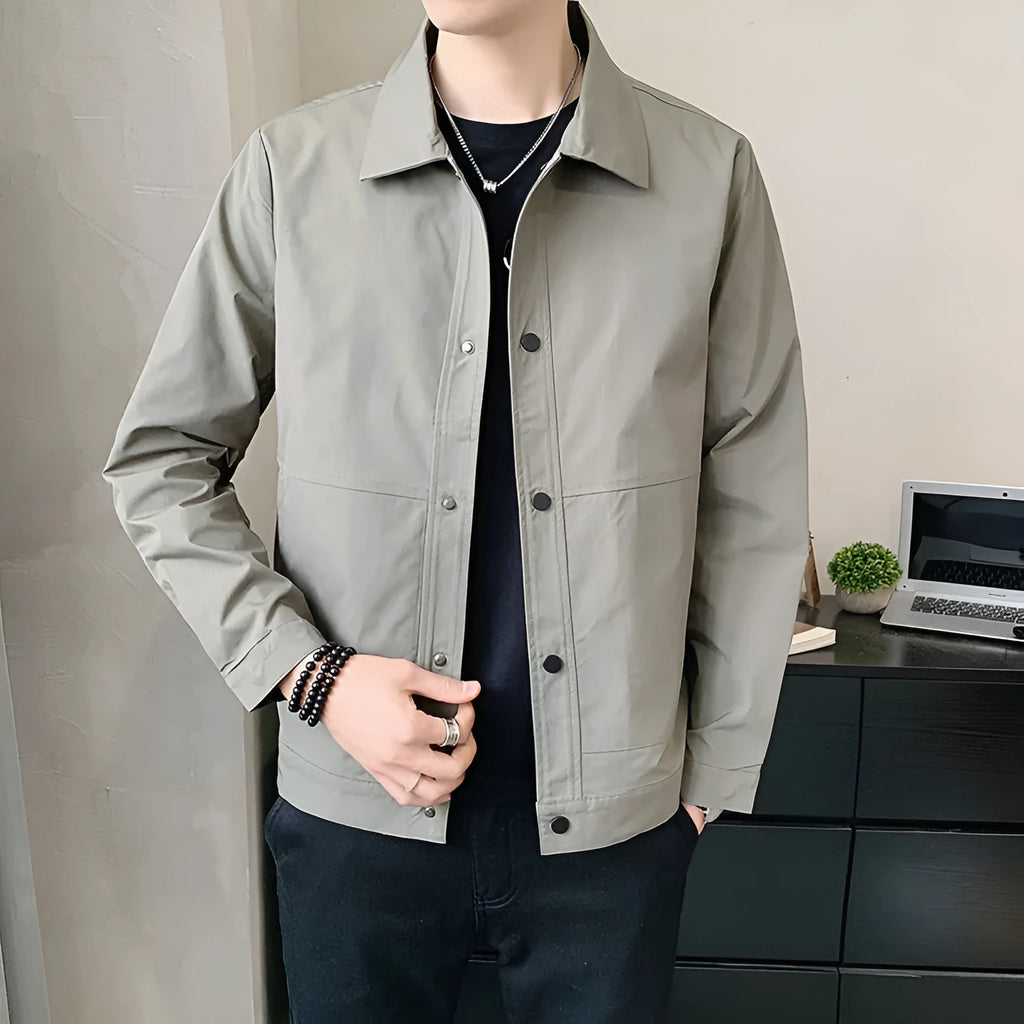 Men's thin Korean-style single-layer jacket in light grey, showing front view with long sleeves.