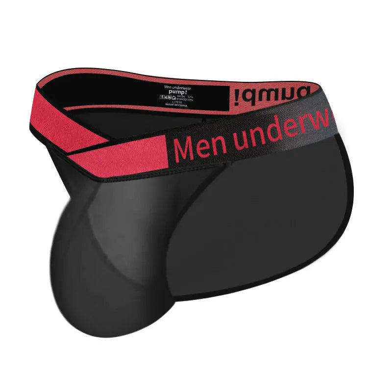 Men's transparent ice silk underwear with large V gradient front in red, black and white colours