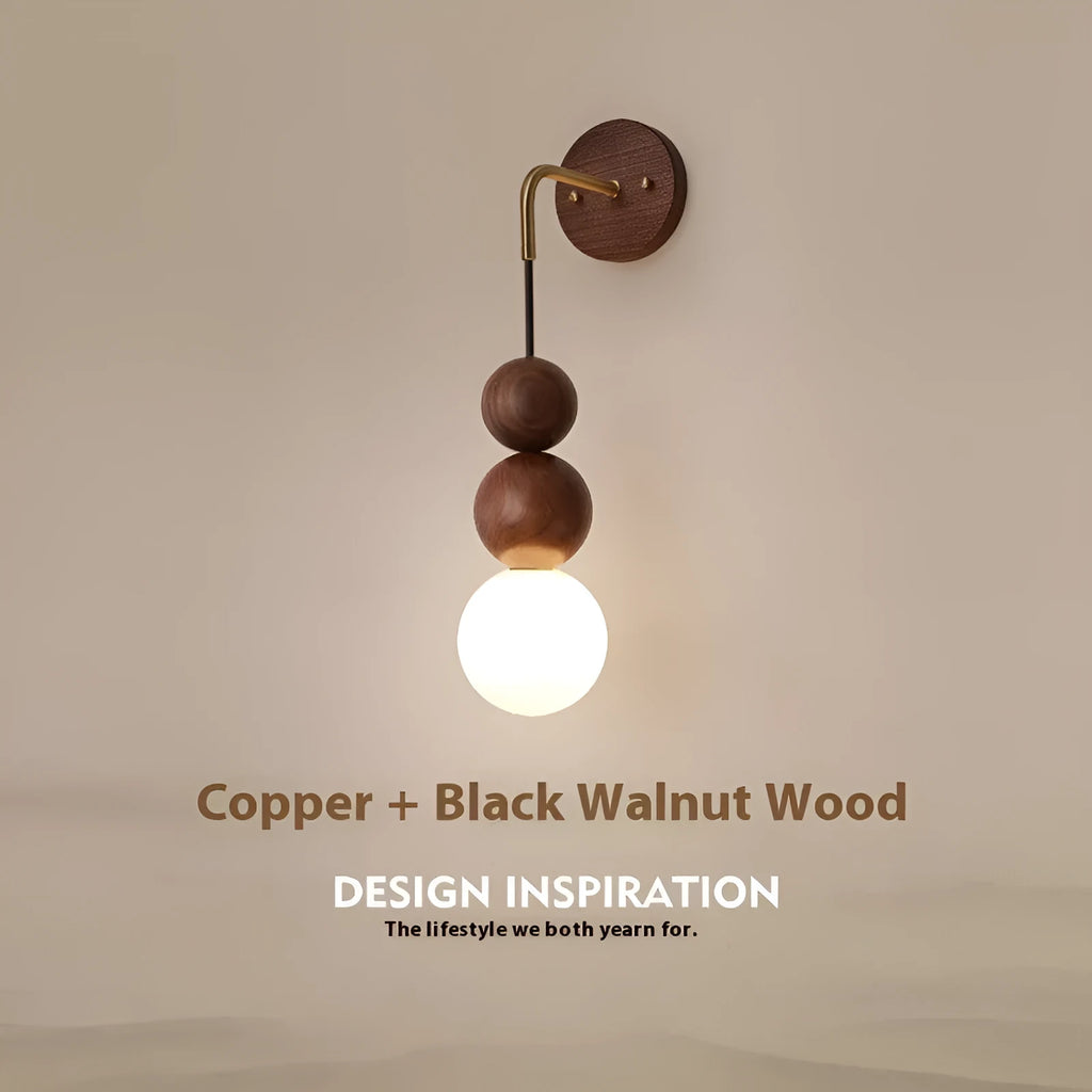 Wood copper wall lamp with circular 10cm diameter and tricolour lighting on suspension wire