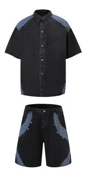 Retro denim suit set showing washed finish short-sleeve jacket and matching trousers