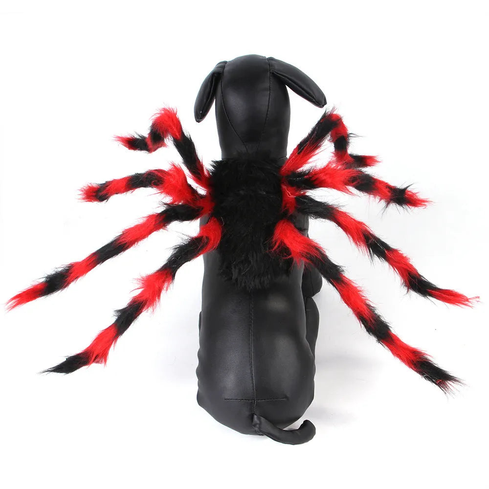 Pet cat dog Halloween creative spider costume in red black cotton fabric on a small dog