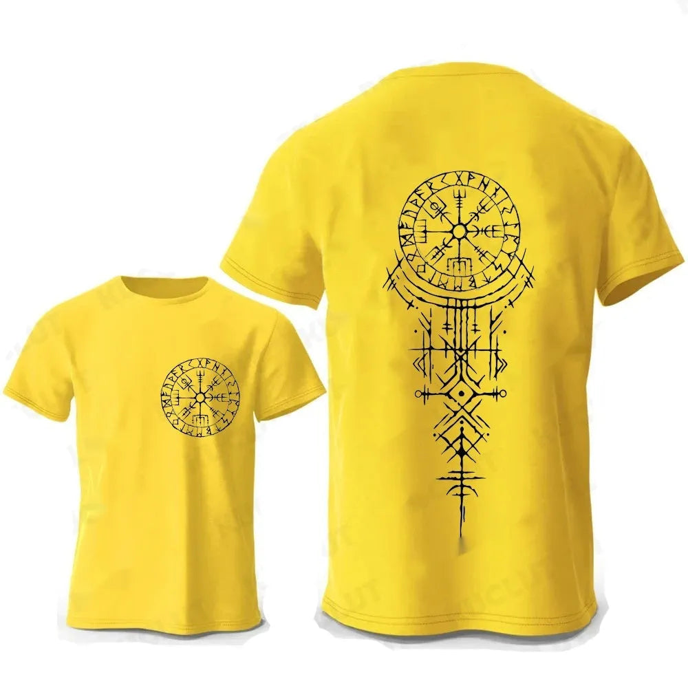 Front view of a men's pure cotton T-shirt featuring a detailed Viking rune compass graphic print.