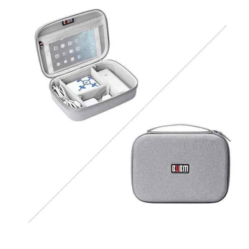 Black and grey EVA digital storage bag organiser for headphones and cables with hand bag shape