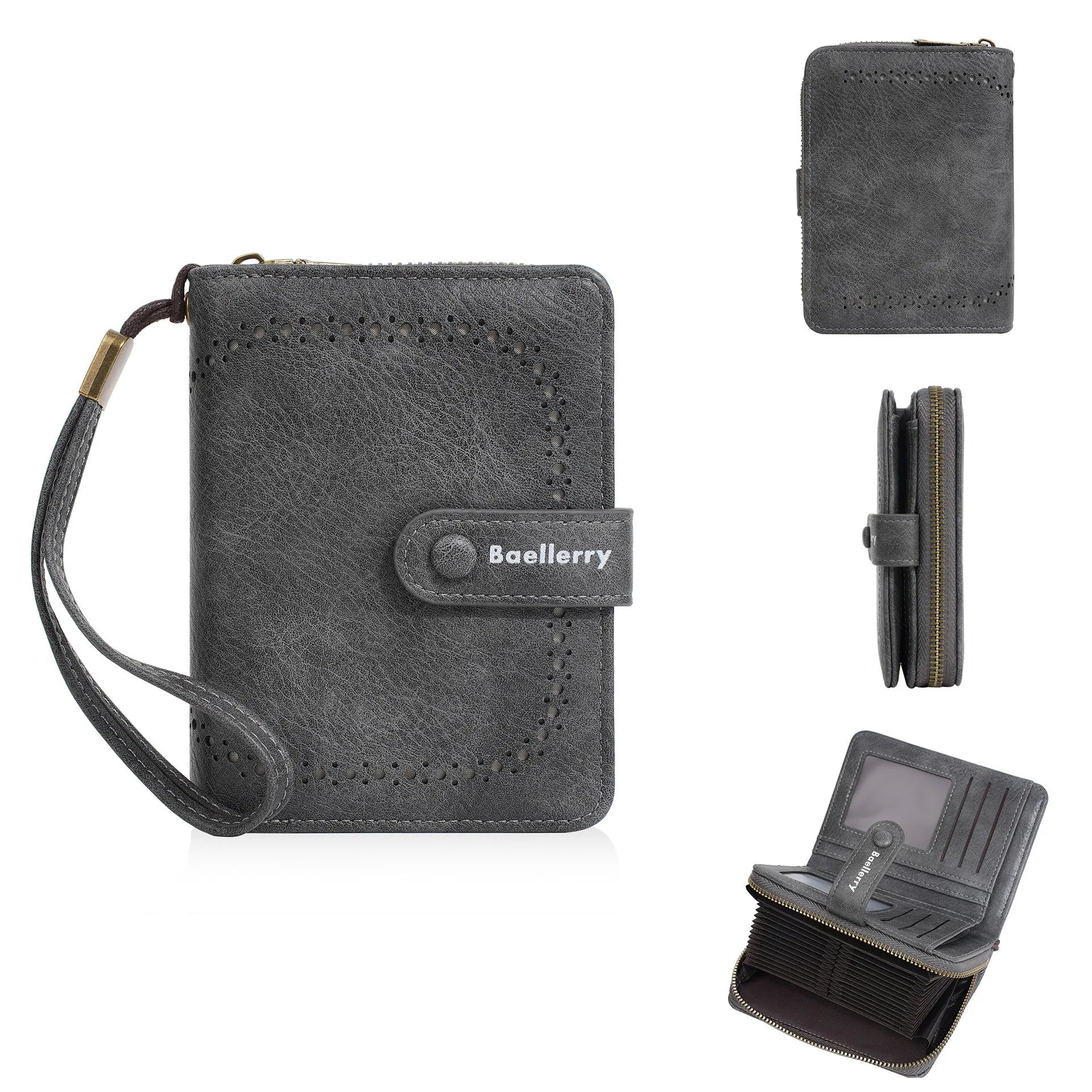 Women's black PU leather zip coin purse lying open showing card slots and a coin compartment.