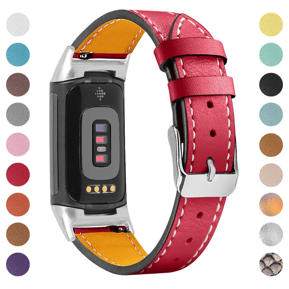 Genuine brown leather watch strap for Fitbit Charge 5 and Charge 6 smartwatches.