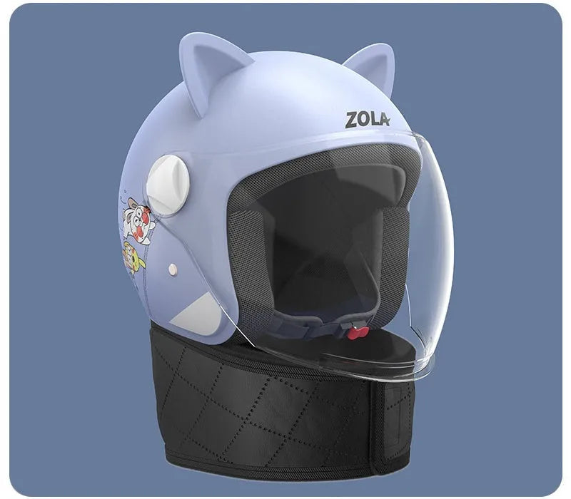 Blue electric bike helmet with attached winter scarf and a clear anti-fog visor