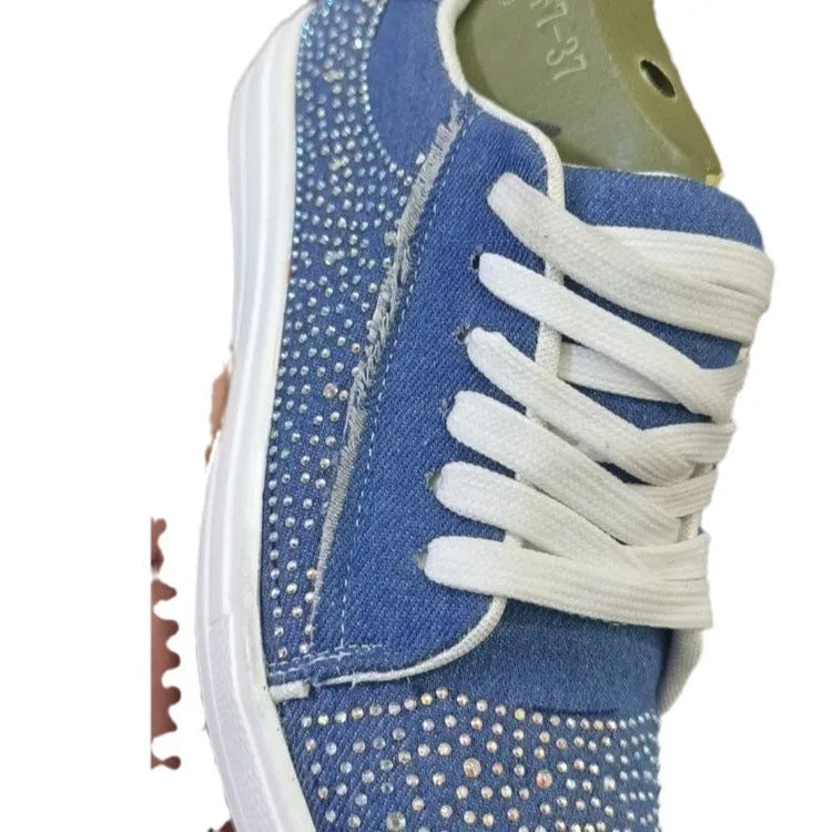Plus size women's black casual shoes with rhinestone decoration, chunky rubber sole, and front lace-up