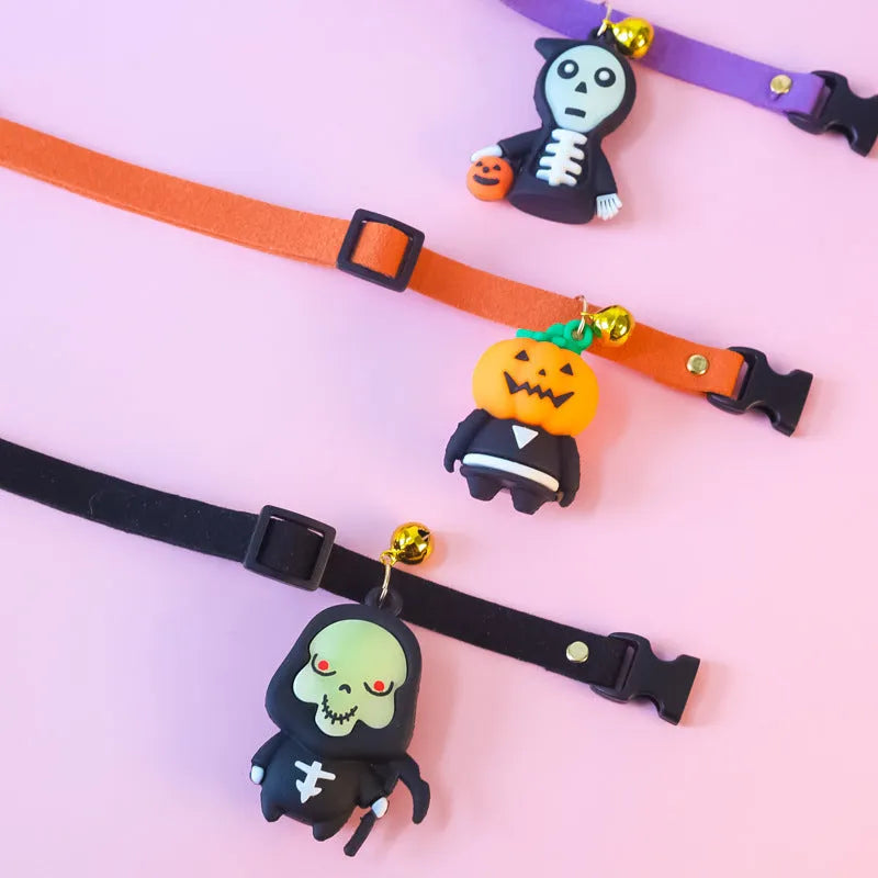 Halloween pet collar decoration showing pumpkin man, luminous brat, and luminous skull cartoon patterns on polyester collar