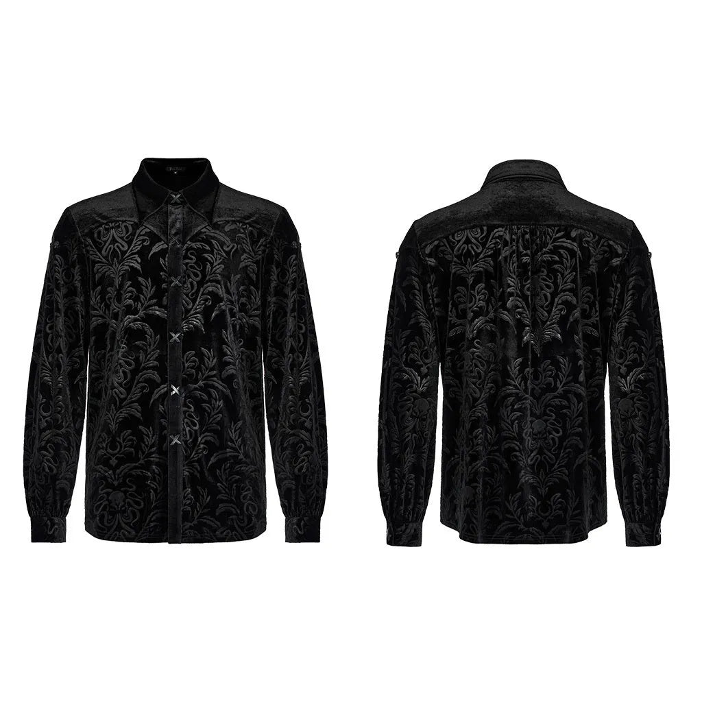 Black gothic preppy style men's velvet shirt with pointed collar and long sleeves