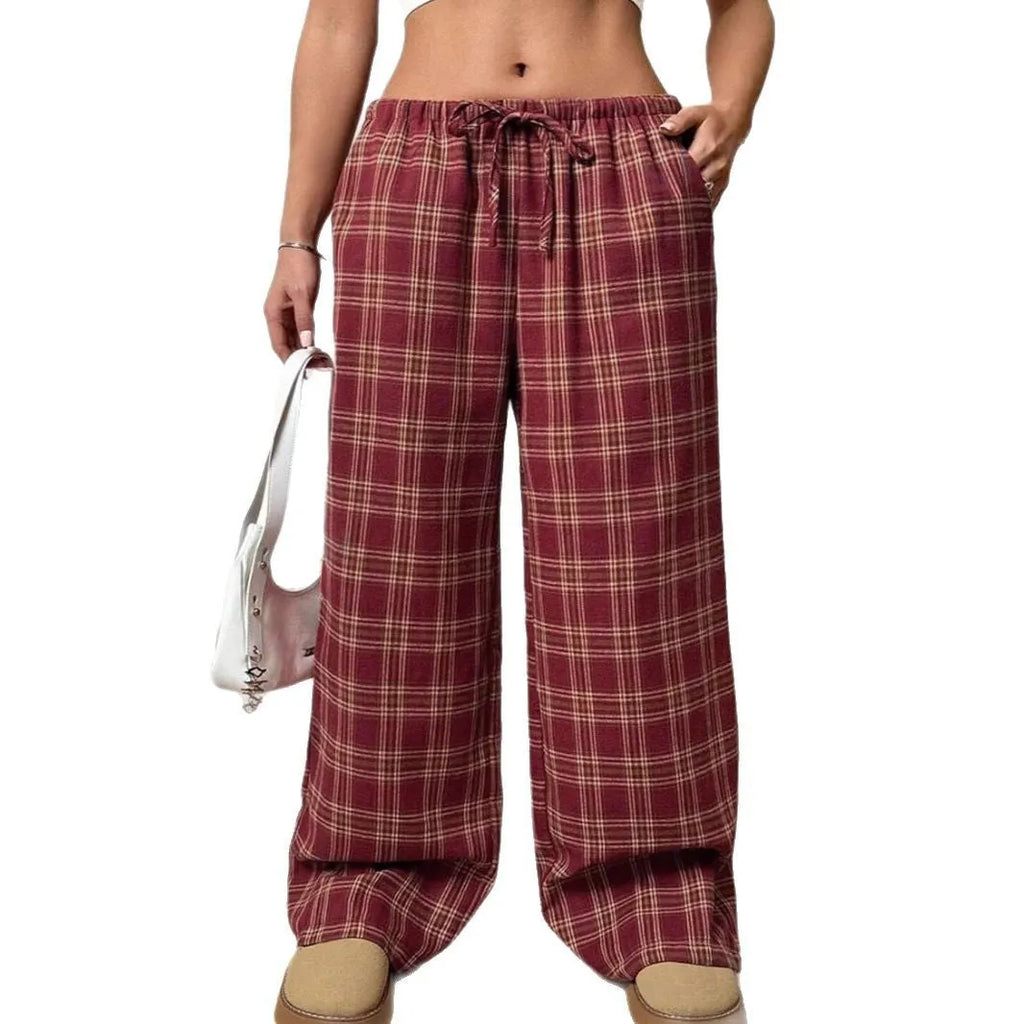 Women's loose fit plaid trousers with elastic drawstring waist and side patch pockets