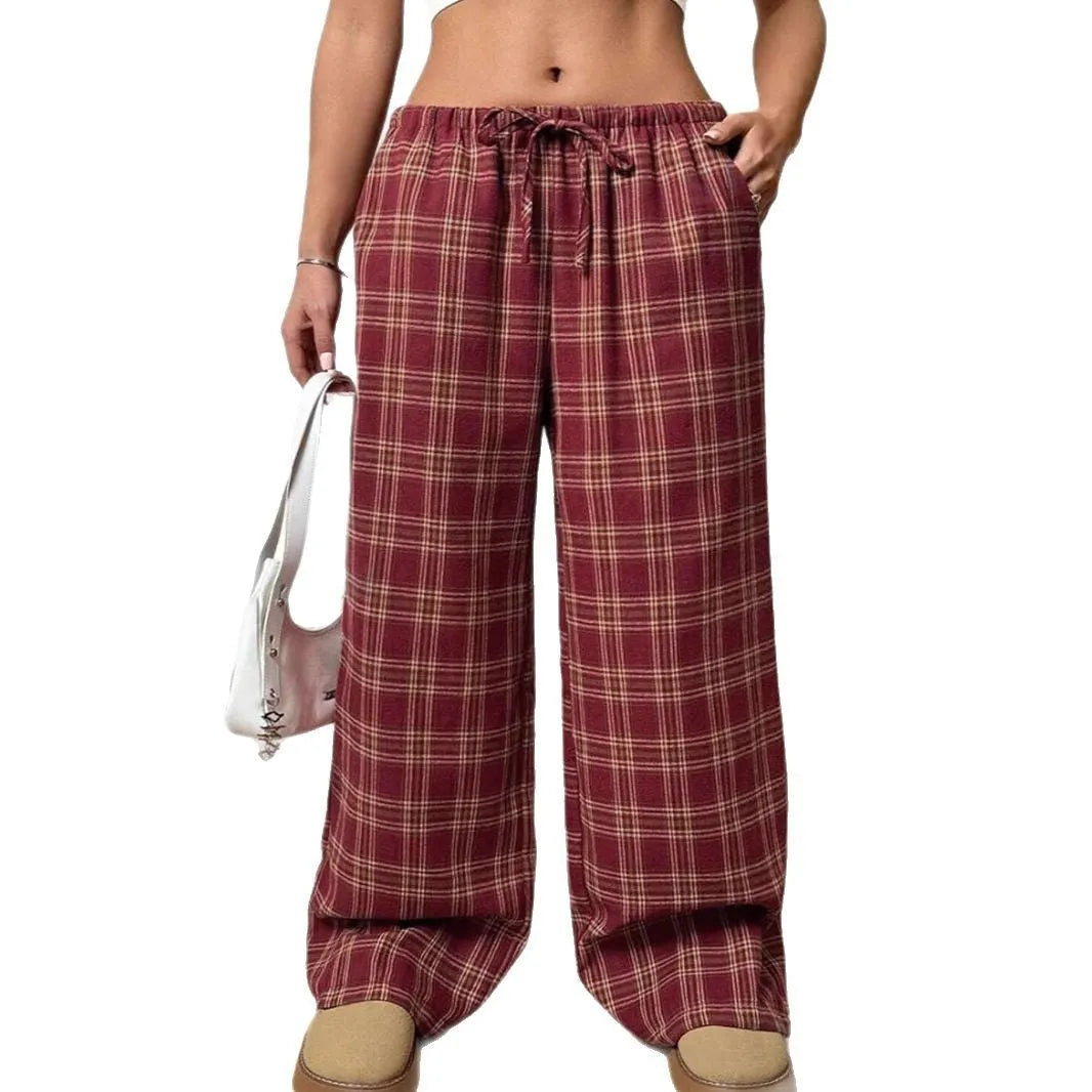 Women's loose fit plaid trousers with elastic drawstring waist and side patch pockets