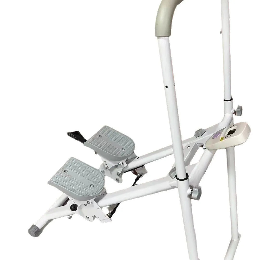 White foldable home treadmill with integrated climbing frame folded for compact storage