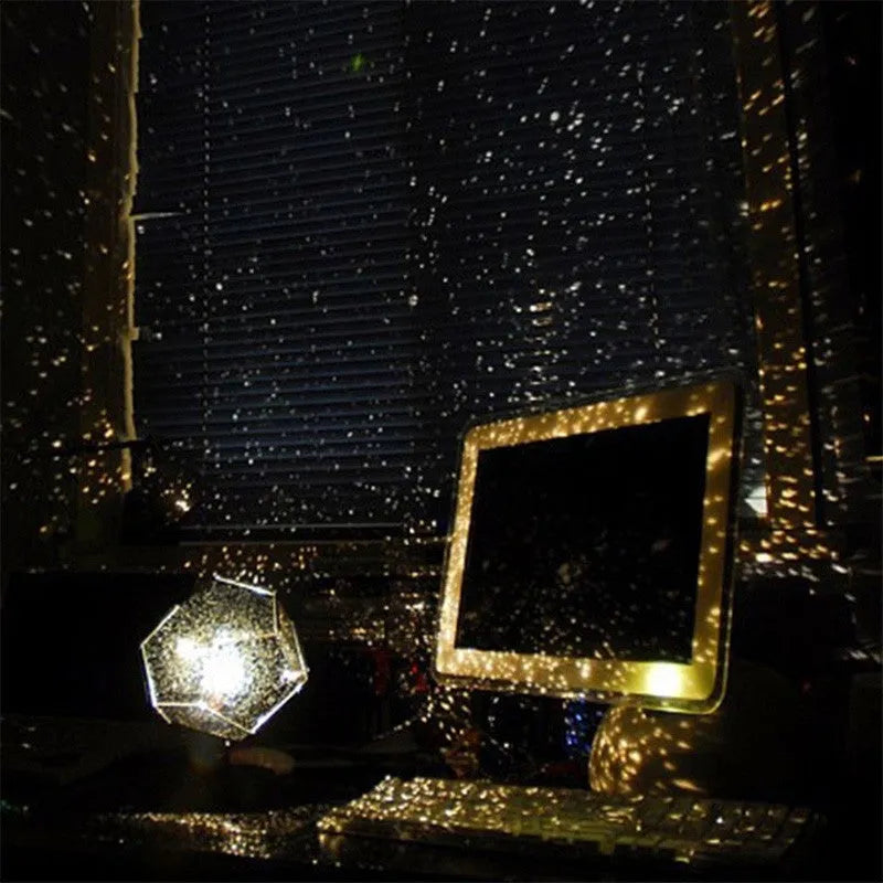 LED star projector night light showing constellation projection on a bedroom ceiling with remote control.