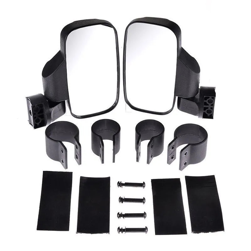 Pair of black plastic and glass universal UTV off-road motorcycle rearview mirrors in packaging