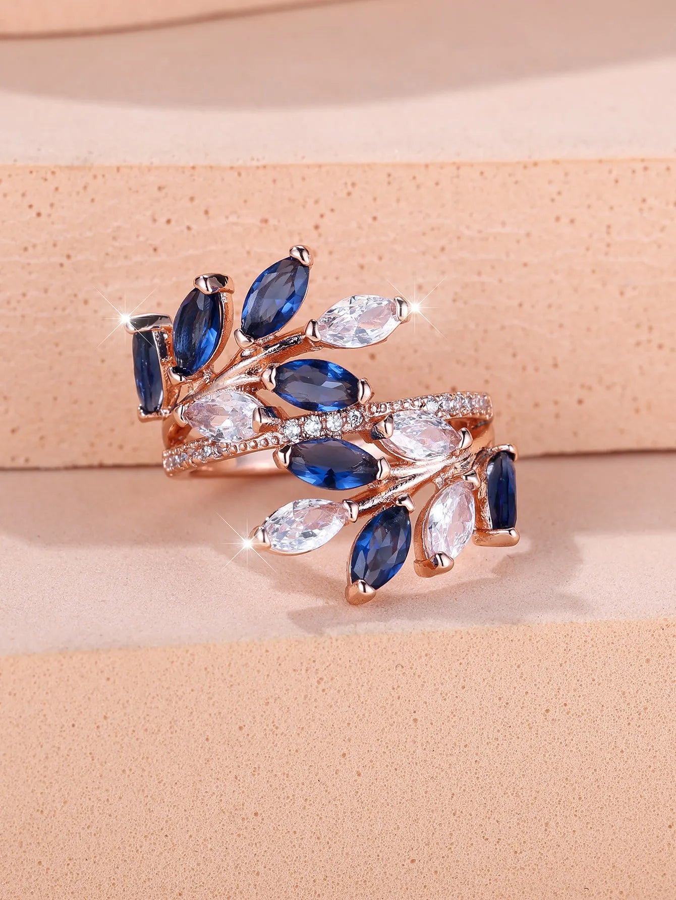 Adjustable copper ring with horse eye zircon stone and leaf design in multiple colour finishes