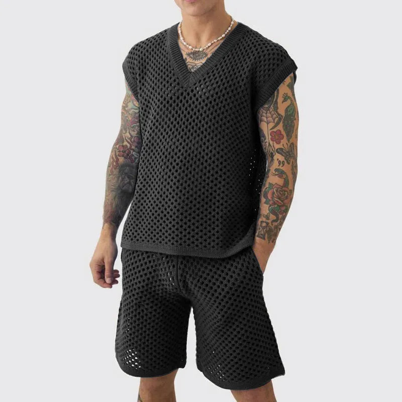 Men's blue knitted V-neck vest and matching shorts laid flat as a summer sports suit.