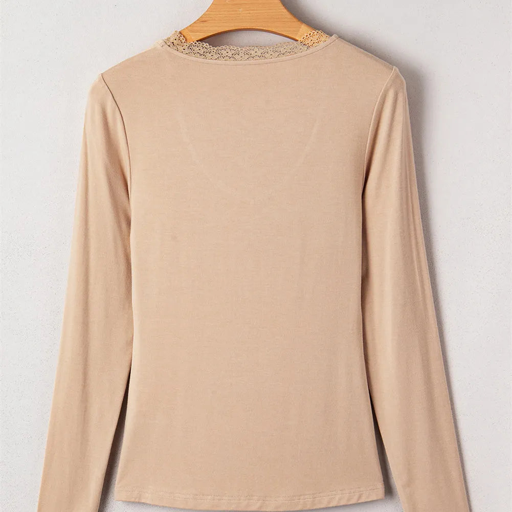 Women's solid colour long sleeve casual top with lace trim detail in slim fit silhouette