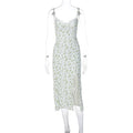Women's long blue dress with lace flowers print, side slit, and thin spaghetti straps