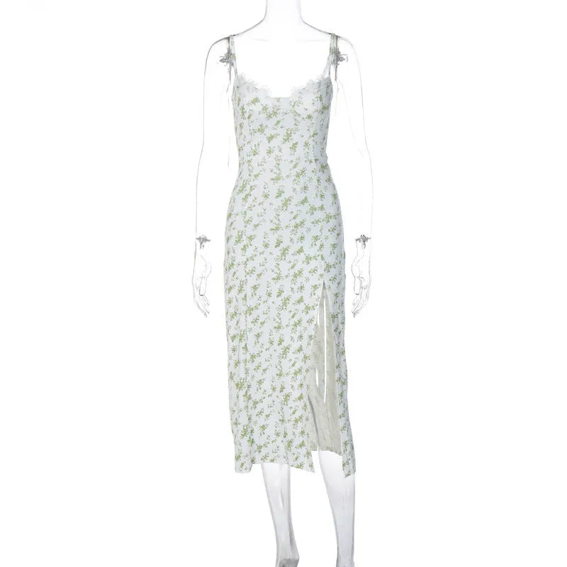Women's long blue dress with lace flowers print, side slit, and thin spaghetti straps